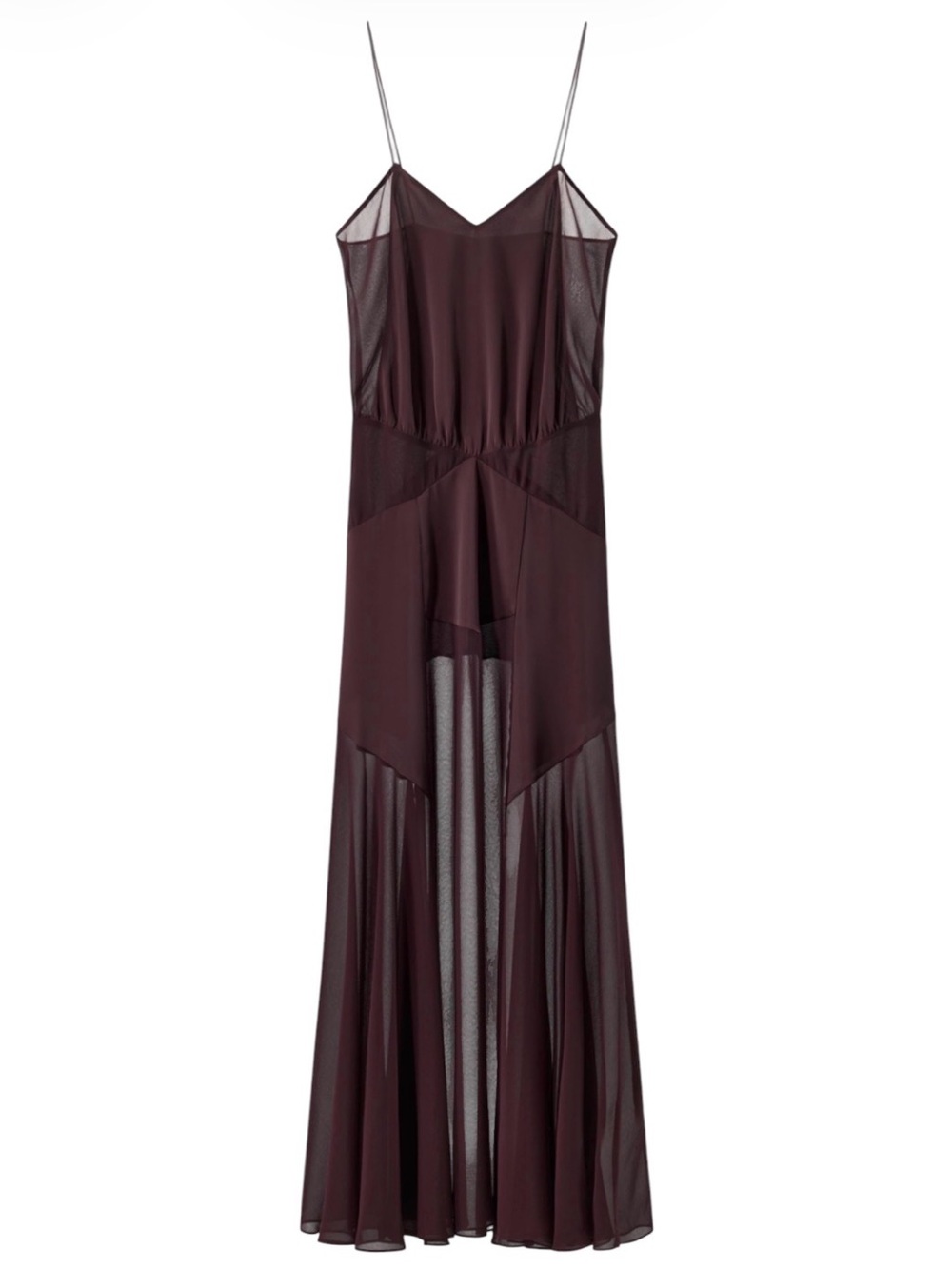 Zara Contrast Chiffon Panel Burgundy Maxi Fluid Slip Dress Sz Large